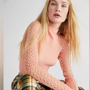 Free People Clement Mock Neck Pastel Peach Crochet Sleeve Ribbed Boho Top S
